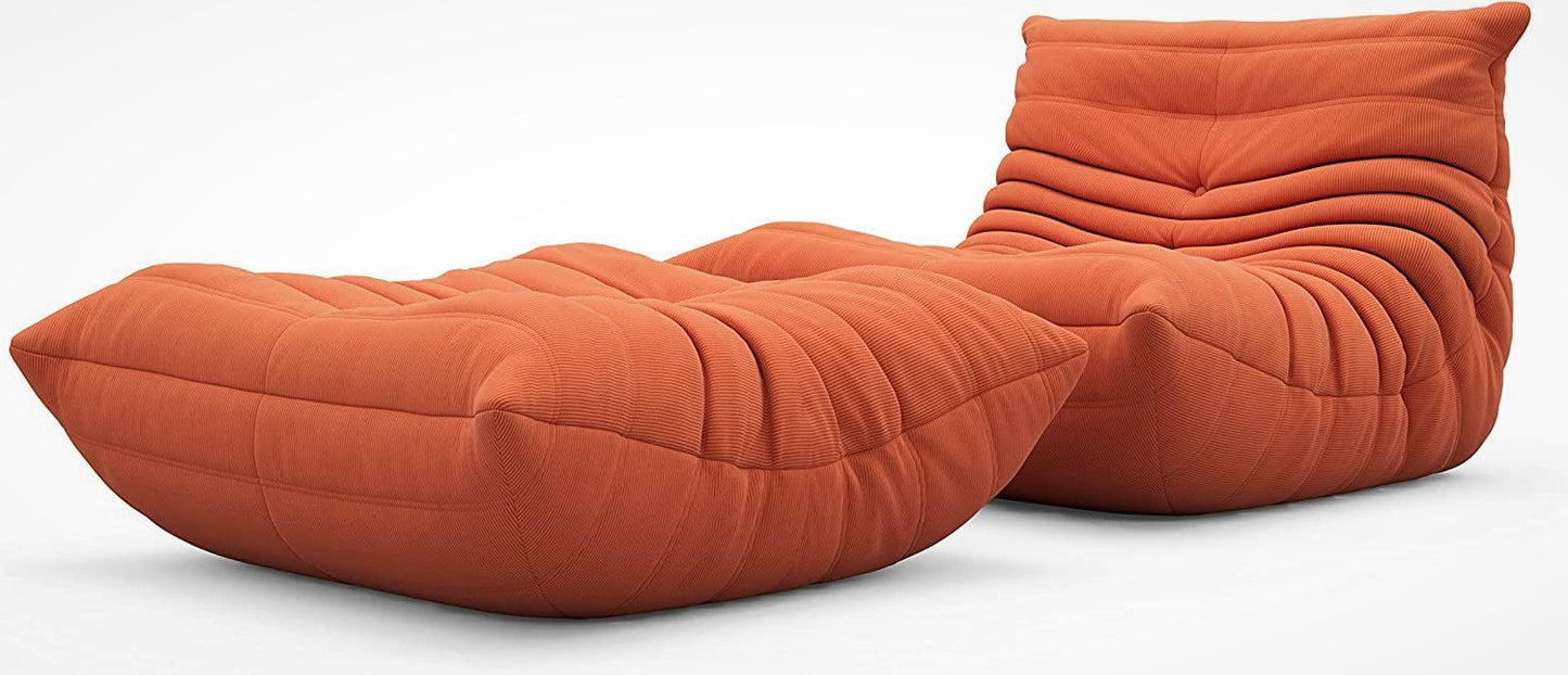 Orange Corduroy Ergonomic Accent Armless Floor Sofa Lounge Chair and Ottoman