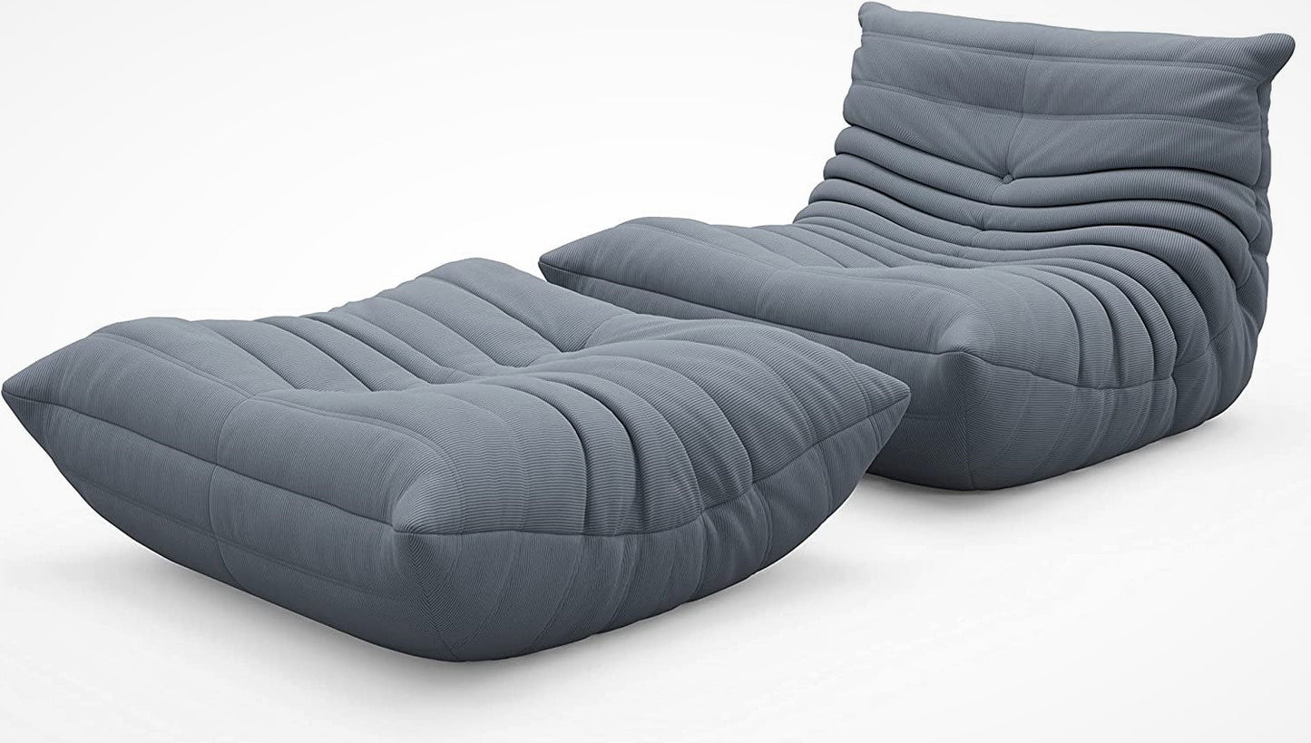 Blue Grey Corduroy Ergonomic Accent Armless Floor Sofa Lounge Chair and Ottoman